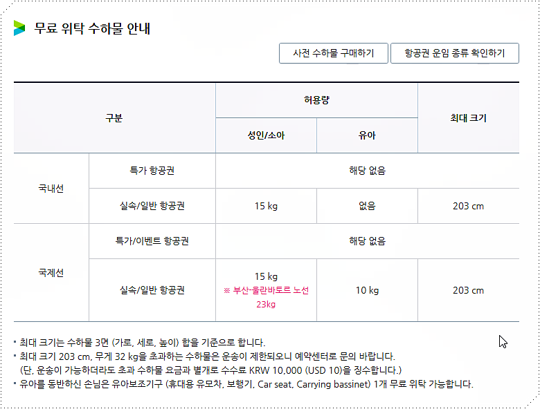 무료 위탁 수하물 안내