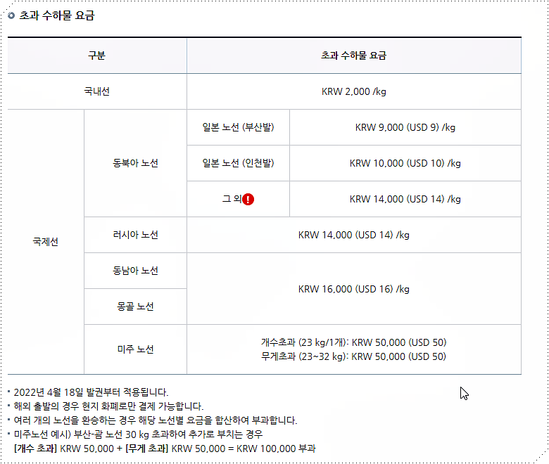 초과 수하물 규정